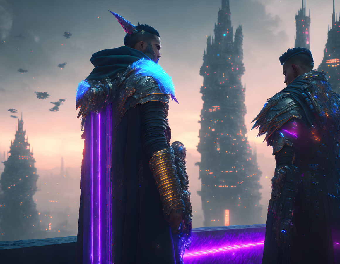 Futuristic warriors in neon-lit gothic cityscape with elaborate armor