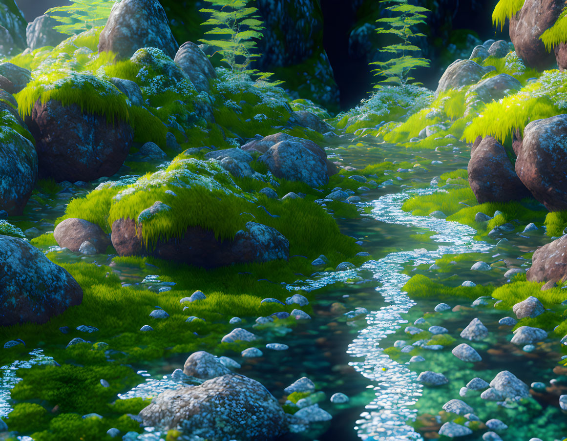 Tranquil stream flowing through moss-covered rock landscape