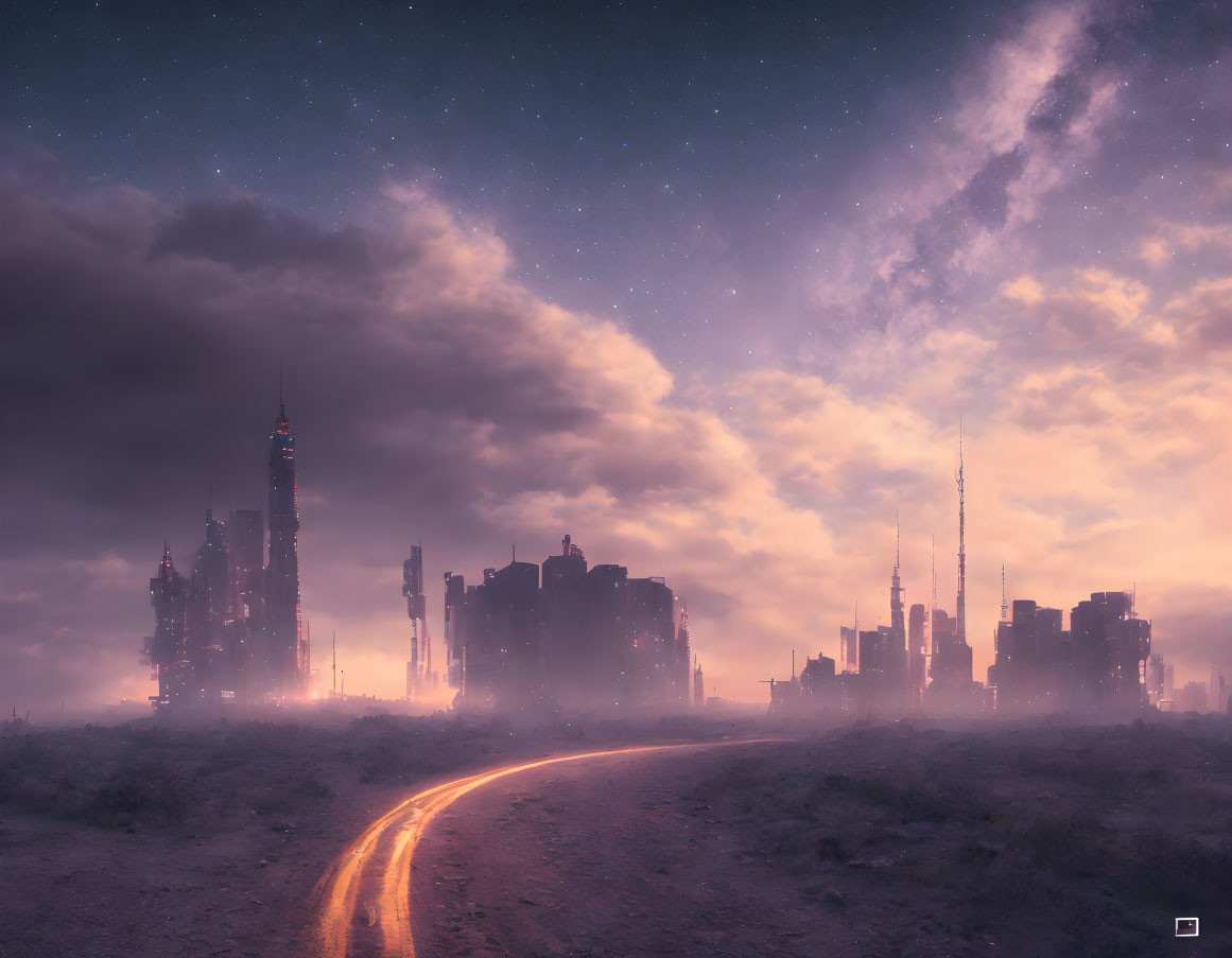 Futuristic twilight cityscape with illuminated skyscrapers and starry sky