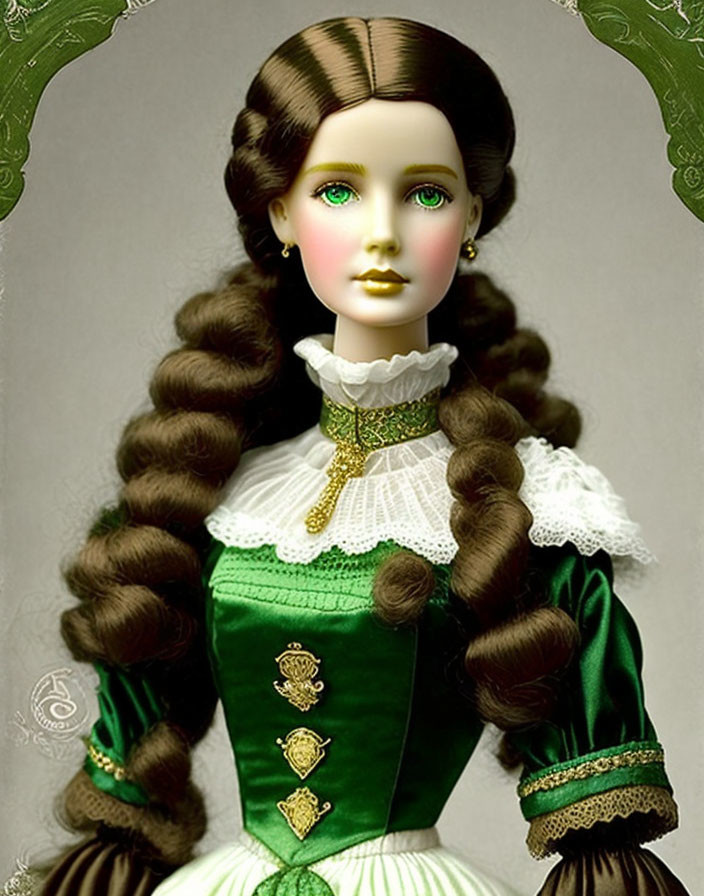 Porcelain doll with braided hair and green eyes in green dress with gold details