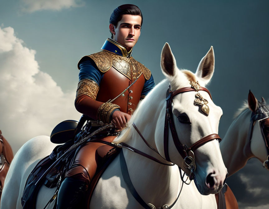 Regal man in blue and gold uniform on white horse in digital art