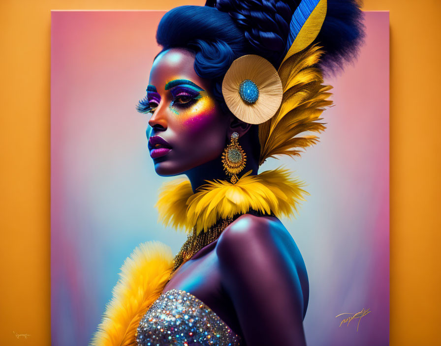 Colorful digital portrait of woman with dramatic makeup and feathered headpiece