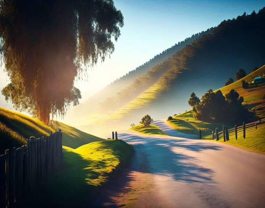 Sunrise country road through rolling hills with wooden fence