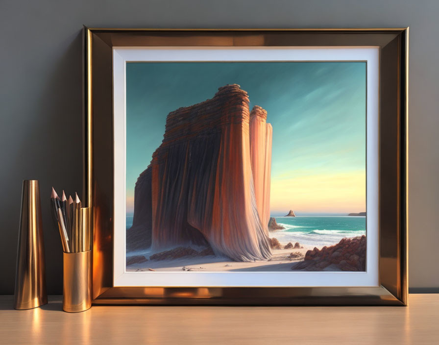 Framed landscape painting of rock formation by the sea at sunset on desk