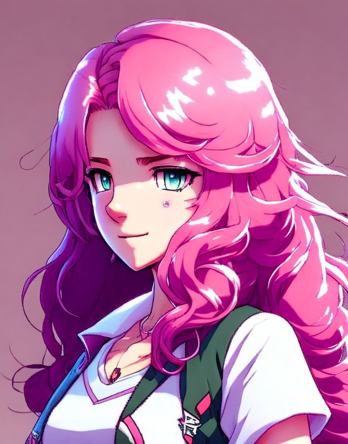 Anime-style Female Character with Wavy Pink Hair and Blue Eyes in School Uniform with Green Tie