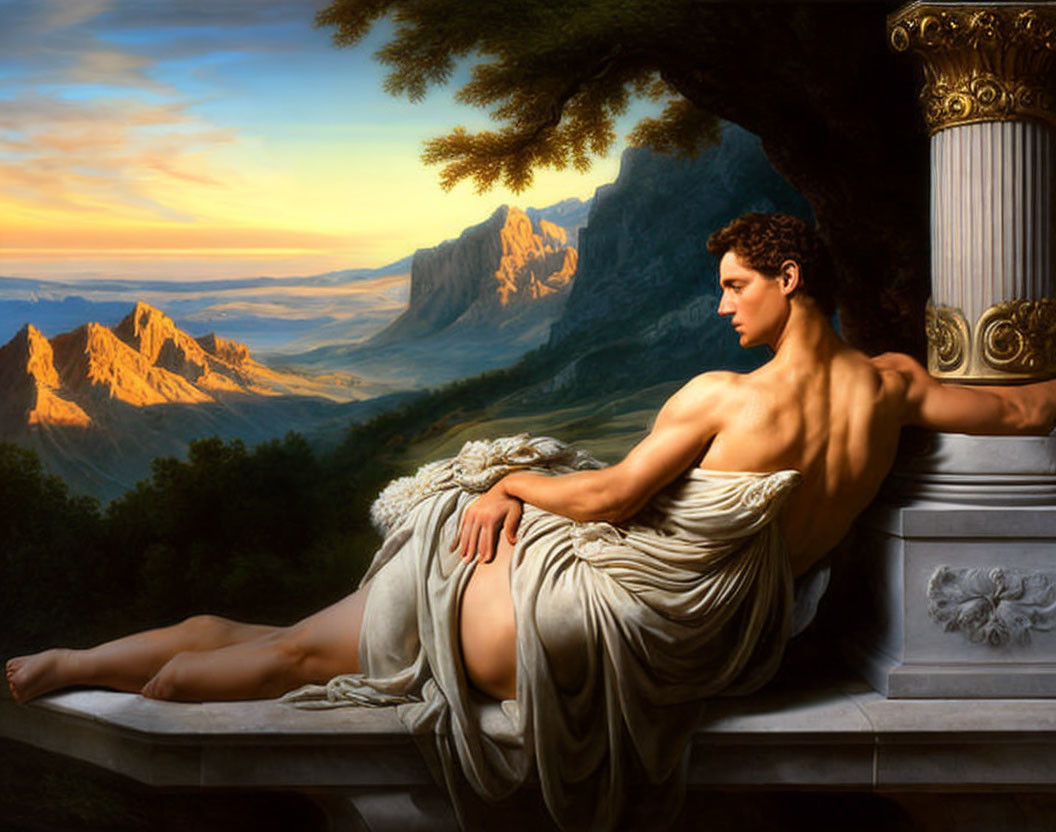 Classical painting of reclining male figure near pillar with mountainous landscape