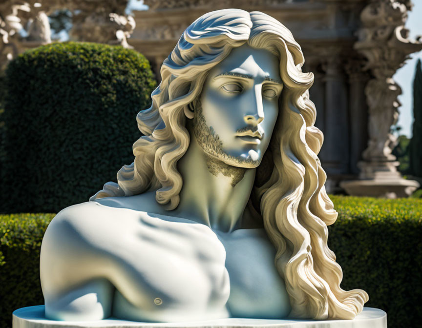 Classical sculpture of serene figure with flowing hair in ornate garden setting