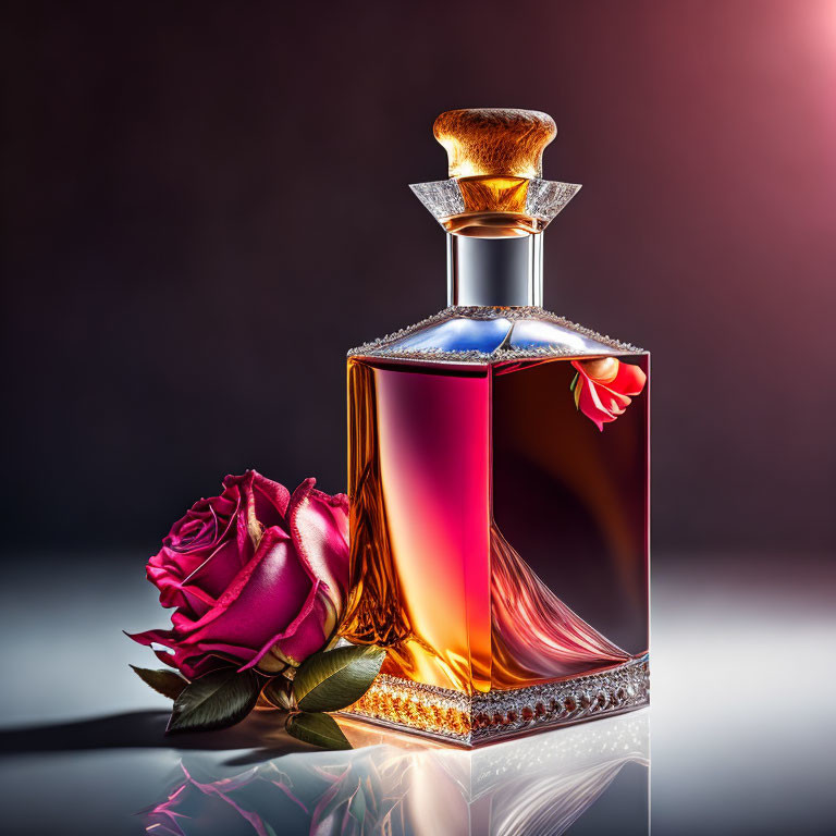 Luxurious perfume bottle with ornate cap and pink rose on gradient background