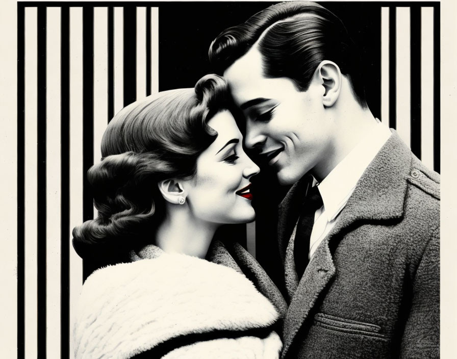 Classic Black and White Illustration of Smiling Couple Ready to Kiss