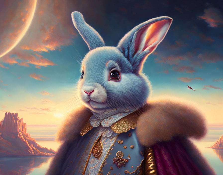 Regal anthropomorphic rabbit with moonlit landscape