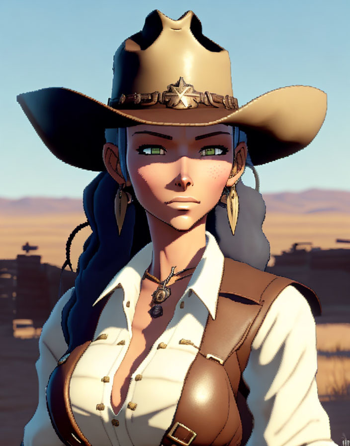 Stylized animated female character with cowboy hat, freckles, braids, white shirt,