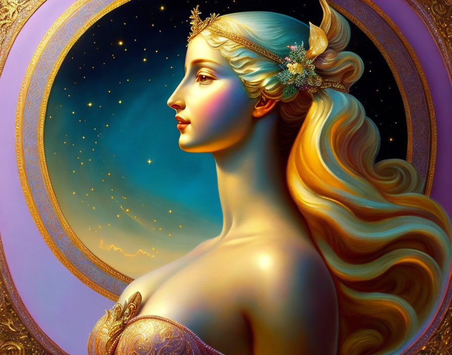 Illustrated Female Figure with Golden Hair and Starry Backdrop in Circular Ornate Border