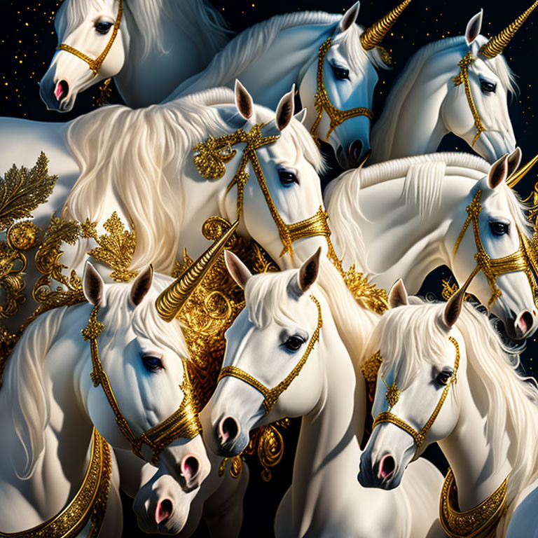 Seven Majestic White Unicorns with Golden Bridles in Starry Night Sky