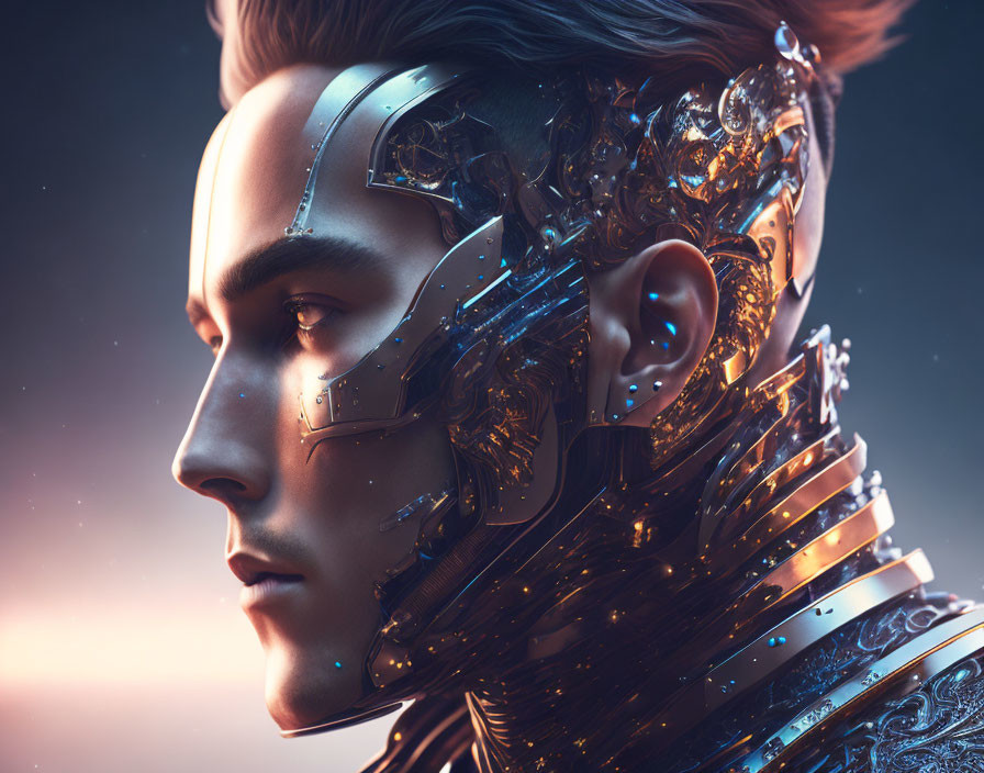 Detailed Cyborg Profile with Glowing Metallic Parts