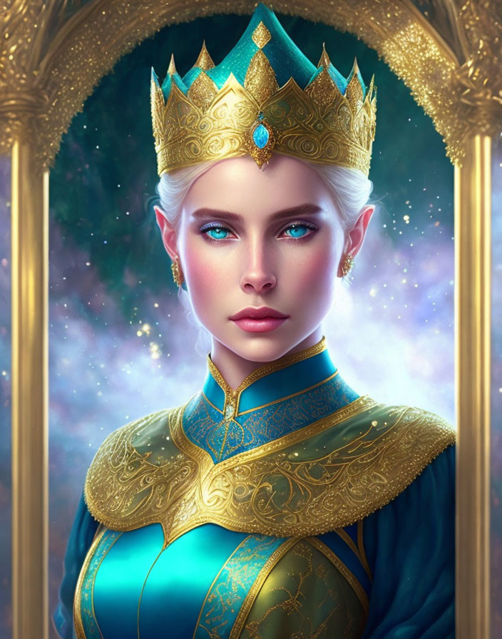 Regal woman with blue eyes in golden crown and celestial backdrop