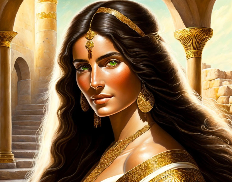 Illustrated woman with long wavy hair and green eyes in front of ancient sunlit pillars