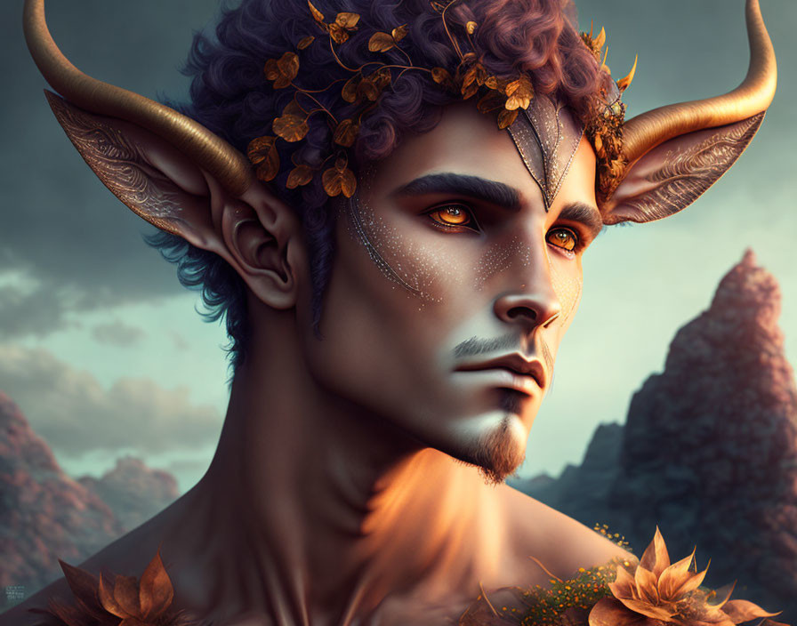 Male Fantasy Portrait with Horns and Gold Leaf in Dramatic Landscape