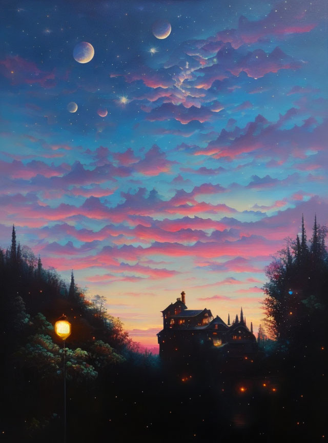 Twilight sky painting with multiple moons over house and trees