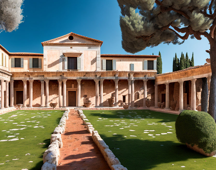 Roman-style Villa with Colonnaded Portico and Manicured Lawn