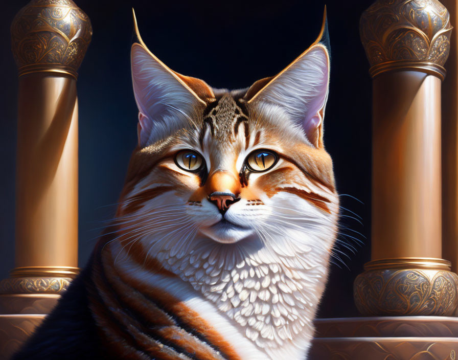 Regal cat with striking eyes between ornate columns