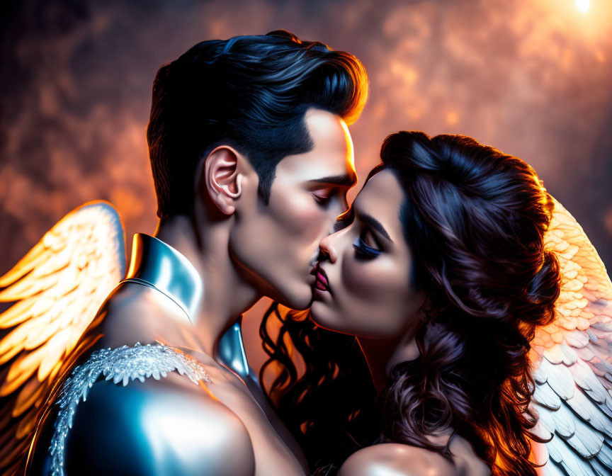 Stylized models with angel wings in intimate pose on warm backlit background