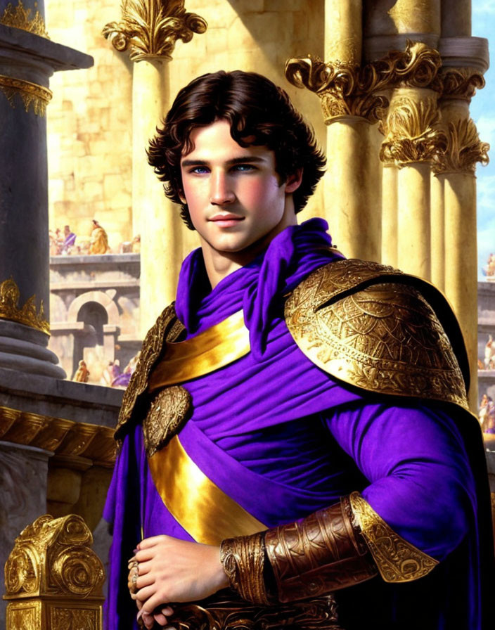 Regal young man in purple cloak and golden armor against architectural backdrop