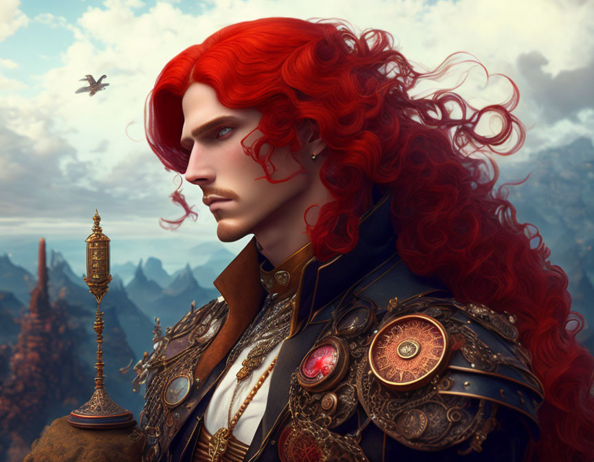 Regal figure with red hair in golden armor against mountain backdrop