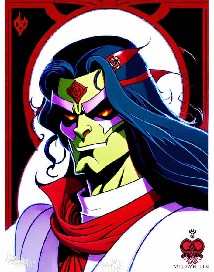 Green-skinned character with red eyes and headband in white cloak.