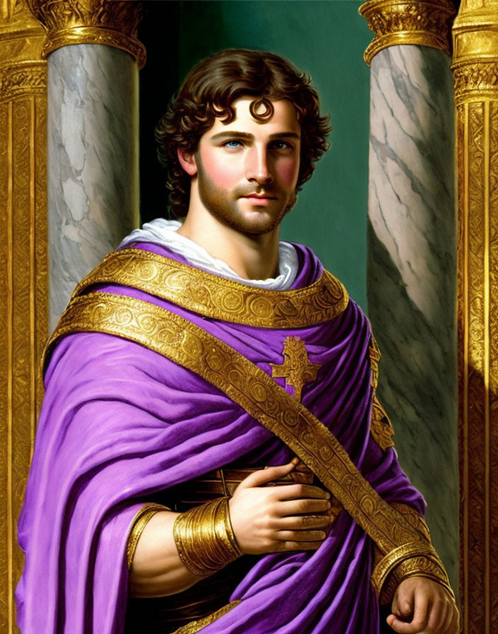 Young man in purple robe with gold trim and cross, marble columns in classical painting