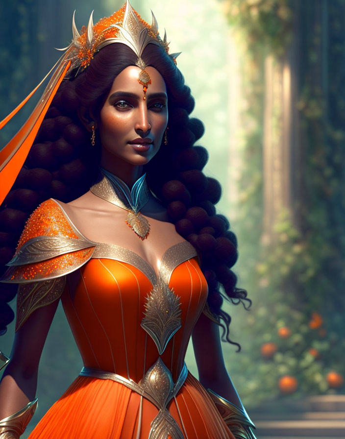 Regal woman in golden headdress and orange gown amidst lush scenery