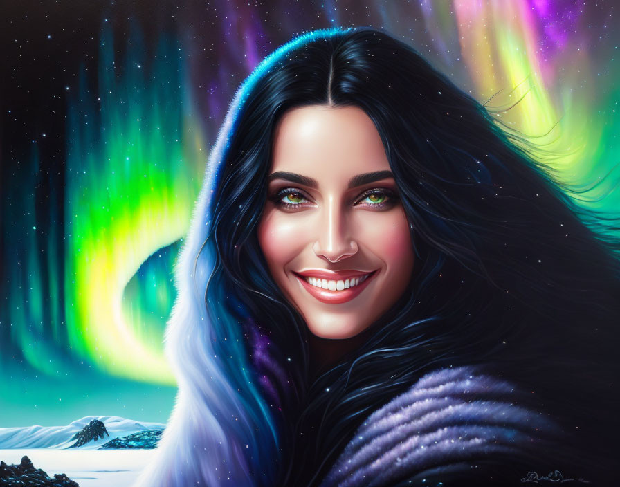 Smiling woman with dark hair in fur-lined coat under starry sky