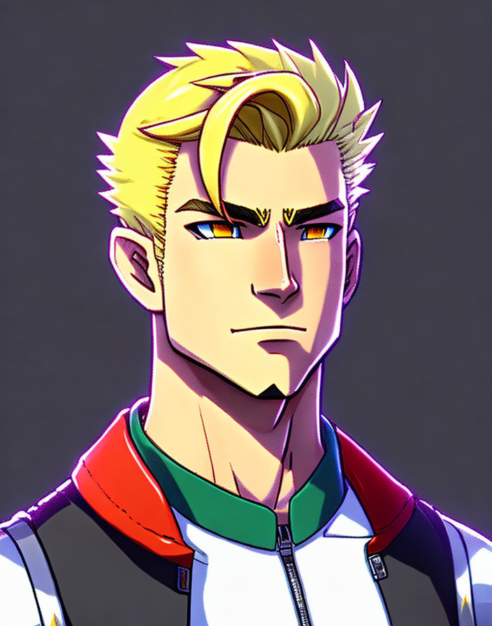 Blond-Haired Male Character with Red Eyes in Colorful Jacket