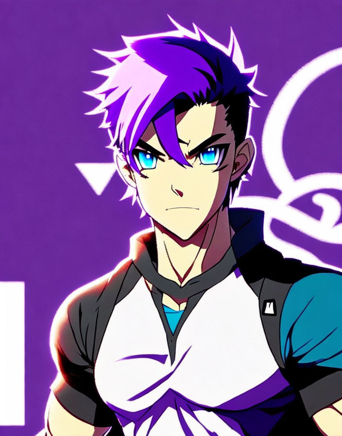 Stylized illustration of young male character with purple hair and blue eyes