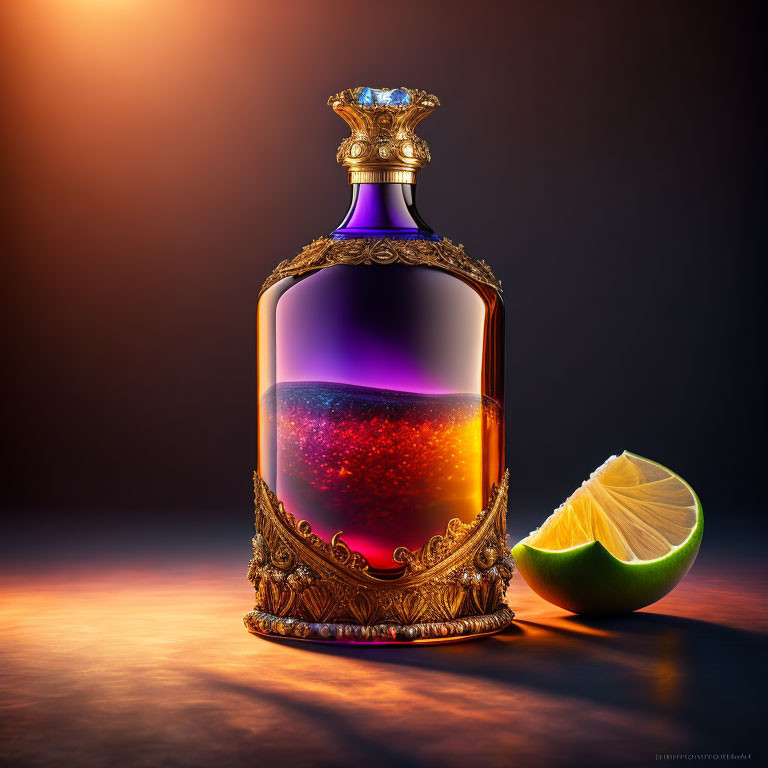 Colorful Gradient Liquid Bottle and Lime Slice on Dark Background