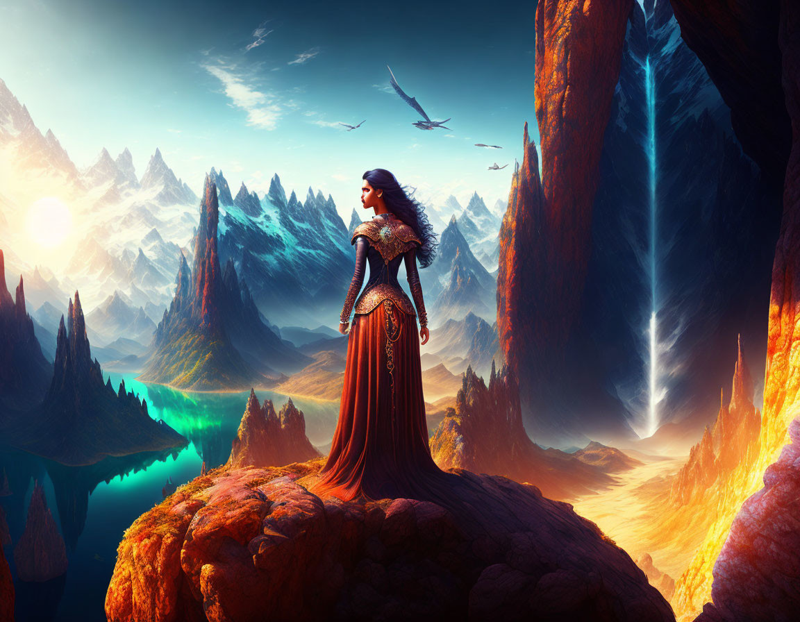 Regal woman in gown on cliff with mountains, lakes, and birds at sunset