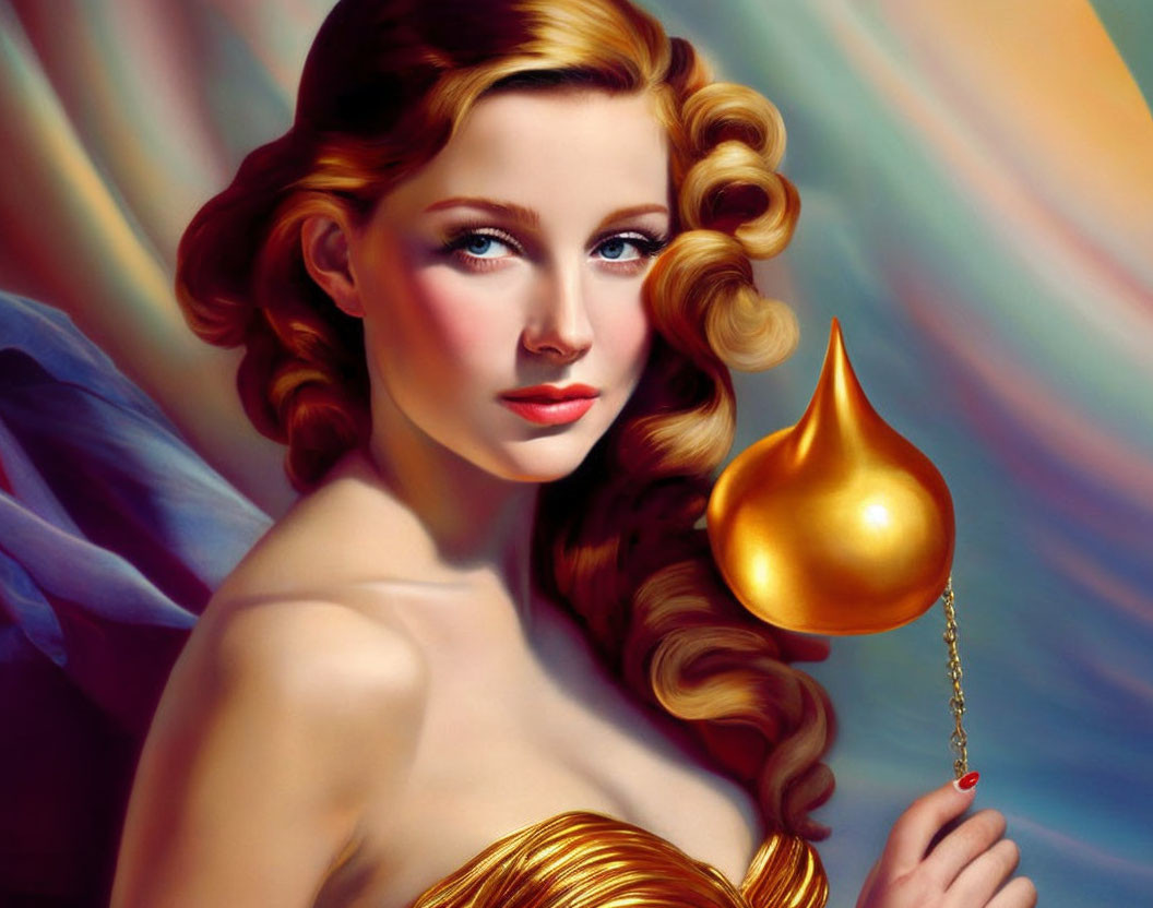 Stylized painting of woman with golden curls holding teardrop-shaped object