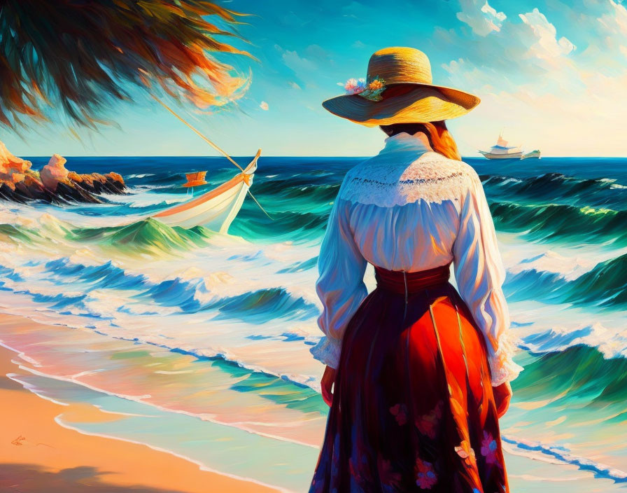 Vintage-clad woman gazes at vibrant seascape with boat and distant ships.