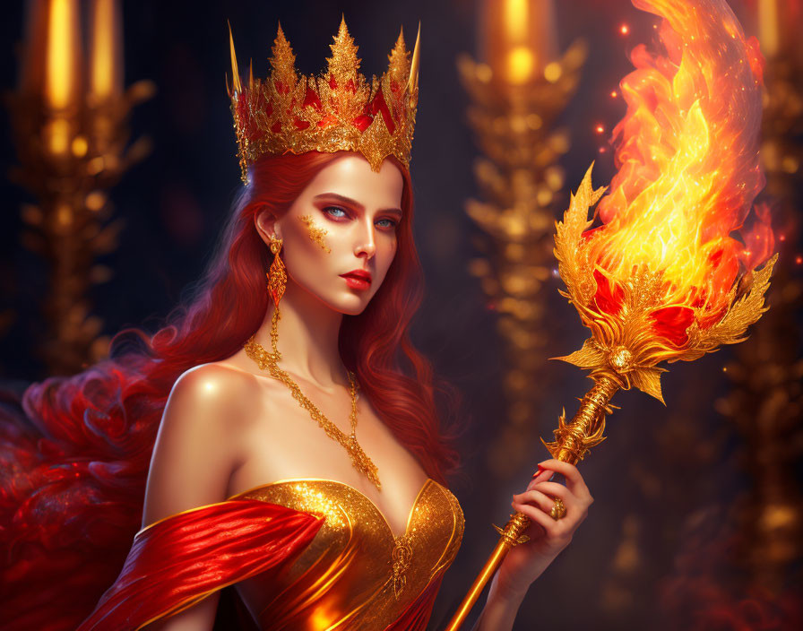 Fiery red-haired woman with flaming scepter and golden crown