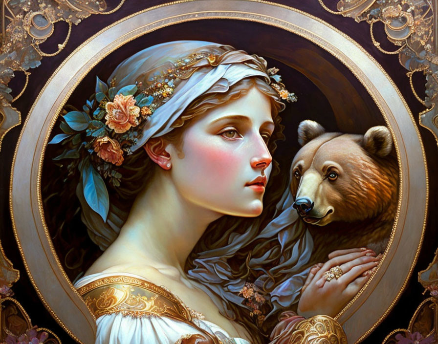 Classical-style painting of woman with floral headpiece and brown bear against dark ornate background