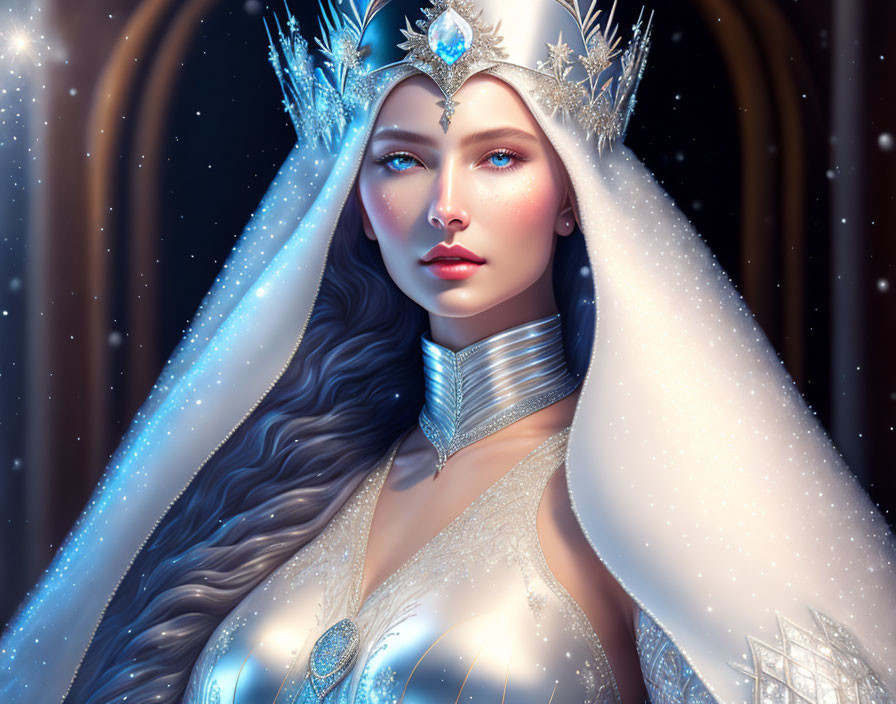 Ethereal woman with long wavy hair in regal attire against starry backdrop