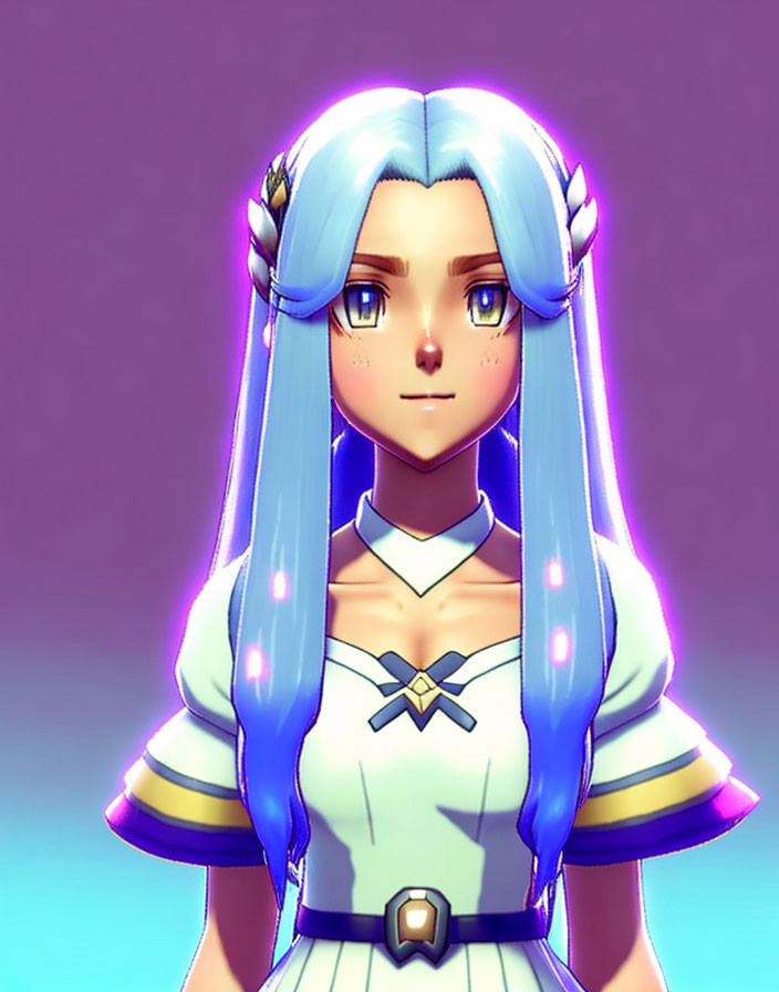 Female character with long blue hair and yellow eyes in white and yellow outfit.
