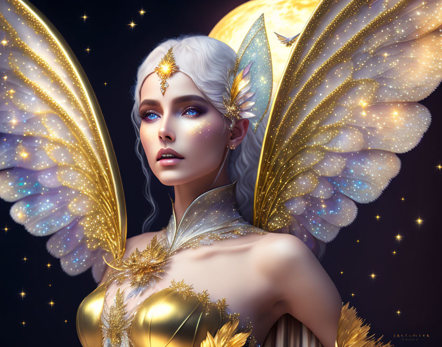 Majestic woman with luminescent wings and sparkling adornments