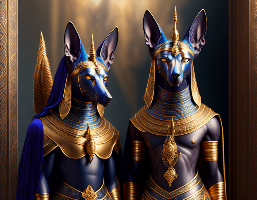 Ornate Anubis statues with gold and blue Egyptian detailing on dark background