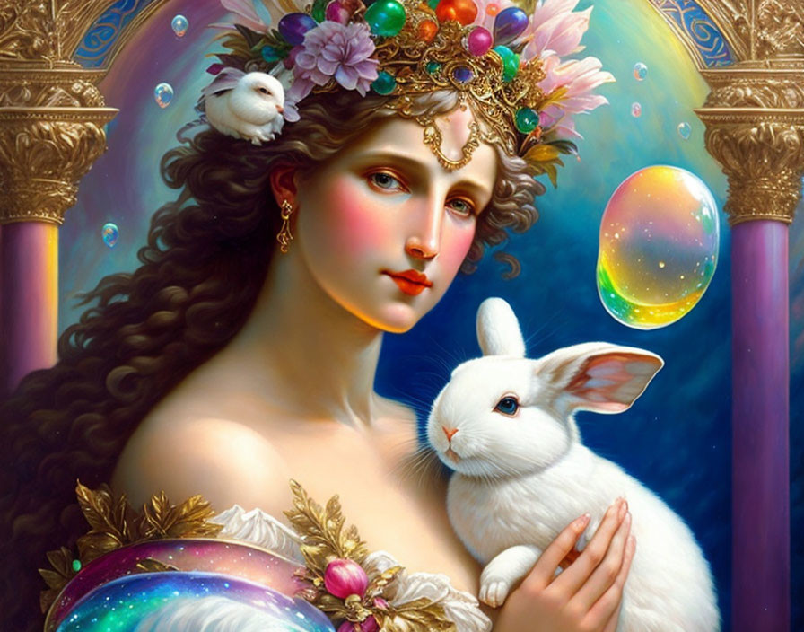 Portrait of a Woman with Crown and Rabbits in Cosmic Setting