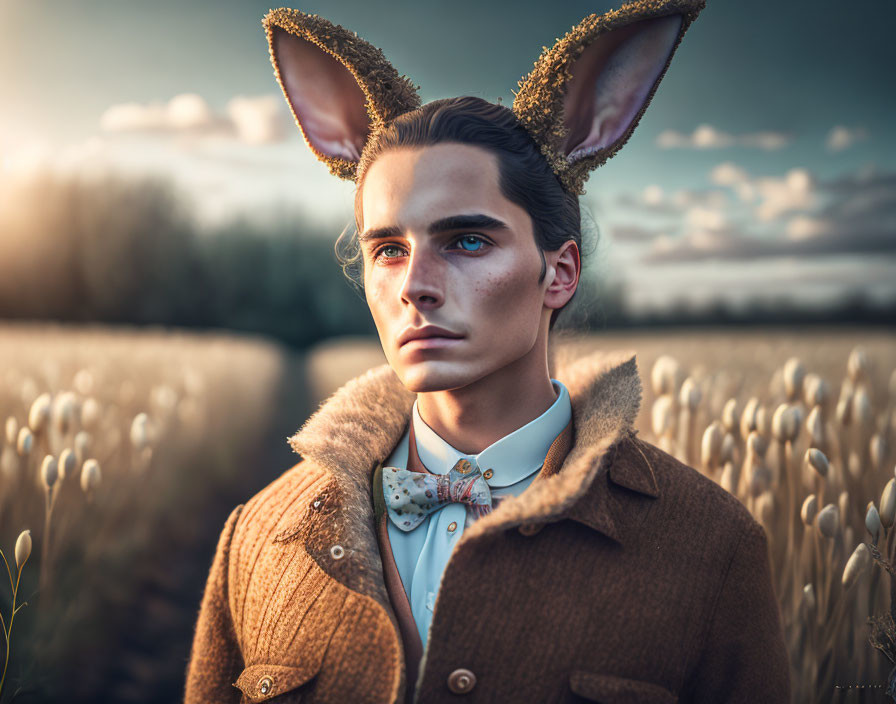 Digital artwork: Man with rabbit ears in field at sunset, brown coat, blue shirt, patterned