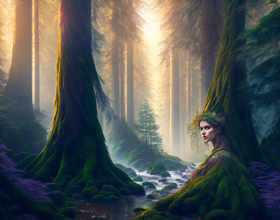 Mystical woman with crown in sunlit forest with stream