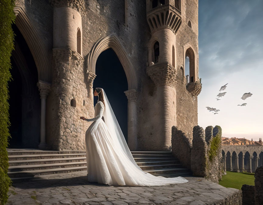 Bride in white gown at castle entrance with dramatic sky and flying birds