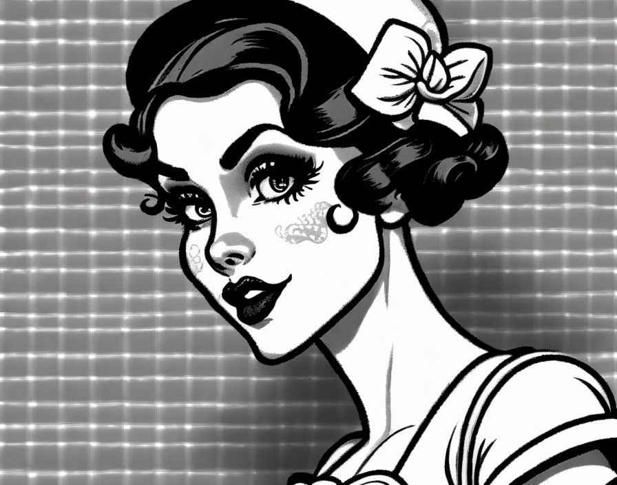 Monochrome drawing of woman with vintage hairstyle and bow.