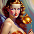 Stylized painting of woman with golden curls holding teardrop-shaped object