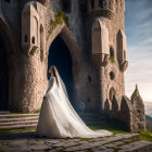 Bride in white gown at castle entrance with dramatic sky and flying birds